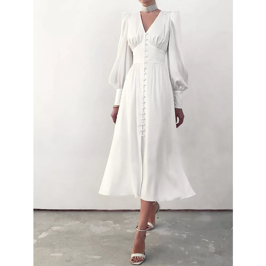 Elegant V-Neck Puff Sleeve Button-Down Midi Dress White / XS Apparel and Accessories