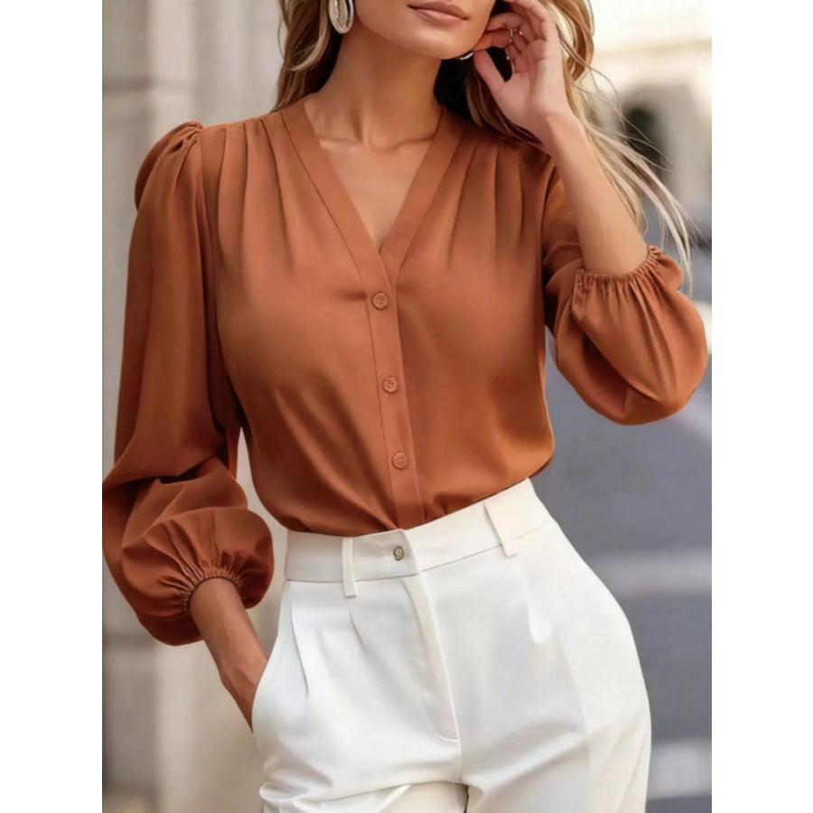 Elegant V-Neck Puff Sleeve Button-Down Shirt Apparel and Accessories