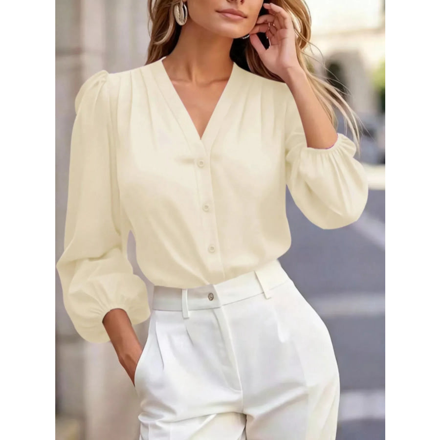 Elegant V-Neck Puff Sleeve Button-Down Shirt Apparel and Accessories