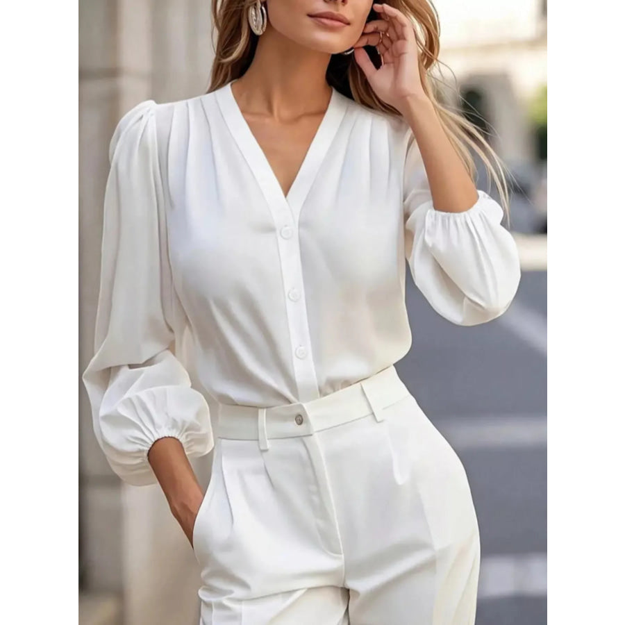 Elegant V-Neck Puff Sleeve Button-Down Shirt Apparel and Accessories