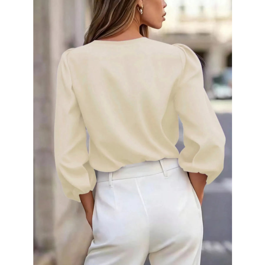 Elegant V-Neck Puff Sleeve Button-Down Shirt Apparel and Accessories