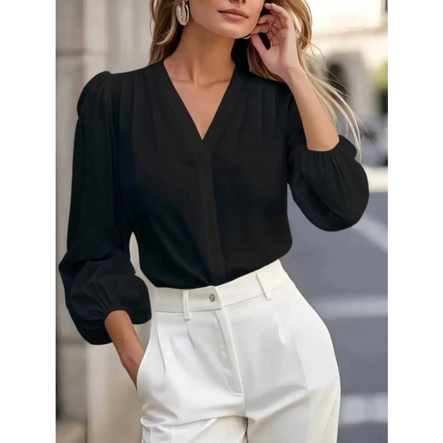 Elegant V-Neck Puff Sleeve Button-Down Shirt Apparel and Accessories