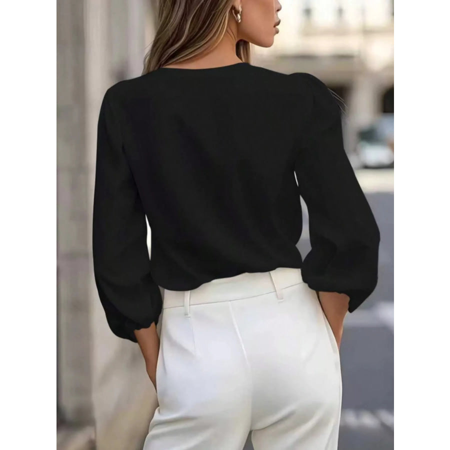 Elegant V-Neck Puff Sleeve Button-Down Shirt Apparel and Accessories