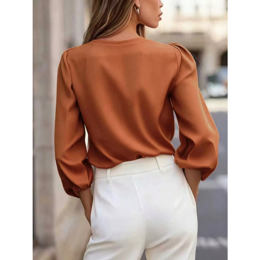 Elegant V-Neck Puff Sleeve Button-Down Shirt Apparel and Accessories