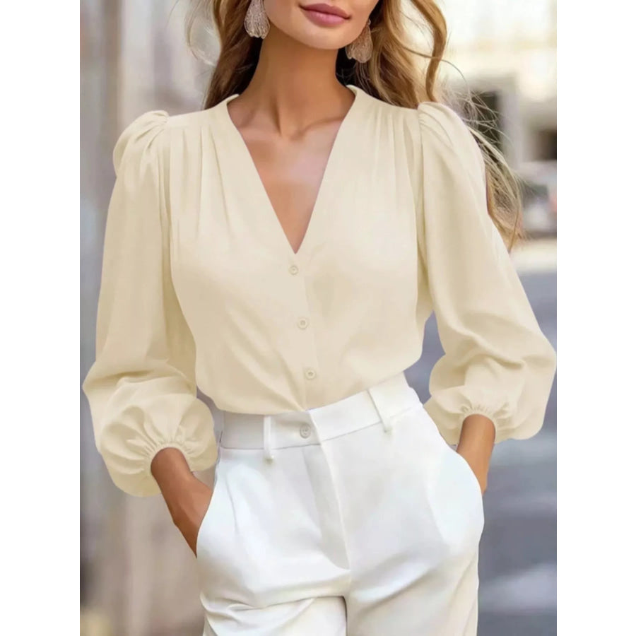 Elegant V-Neck Puff Sleeve Button-Down Shirt Apricot / S Apparel and Accessories
