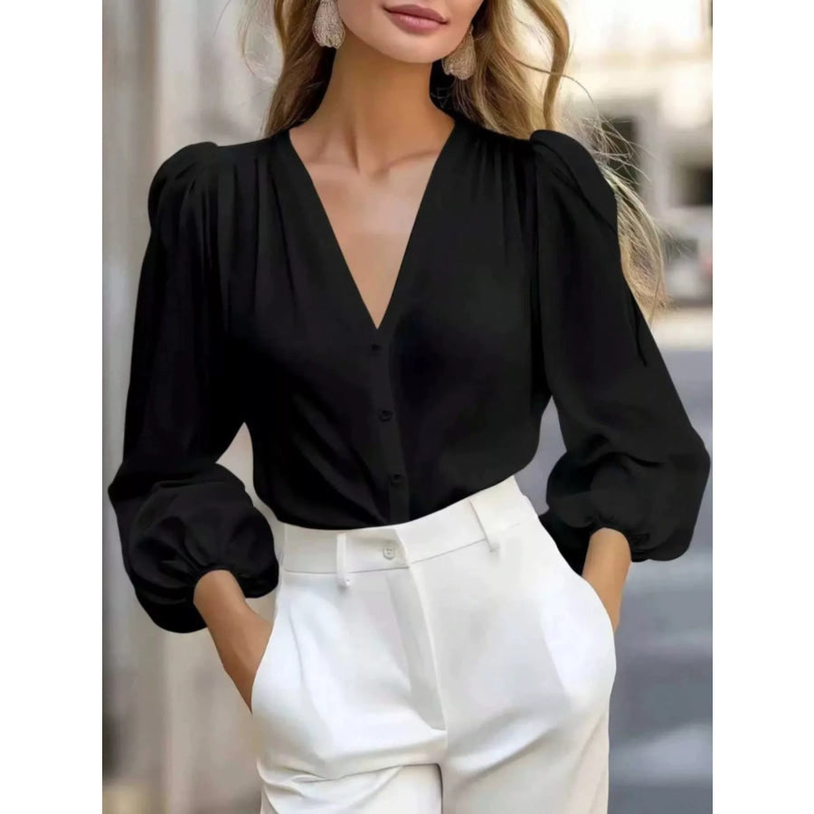 Elegant V-Neck Puff Sleeve Button-Down Shirt Black / S Apparel and Accessories