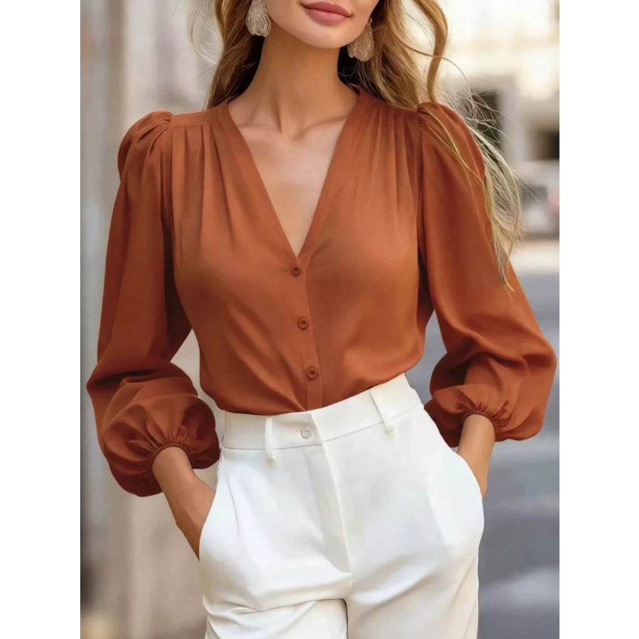 Elegant V-Neck Puff Sleeve Button-Down Shirt Orange / S Apparel and Accessories