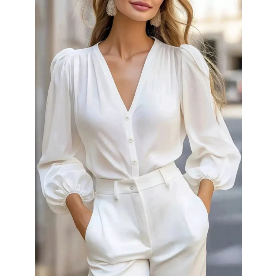 Elegant V-Neck Puff Sleeve Button-Down Shirt White / S Apparel and Accessories