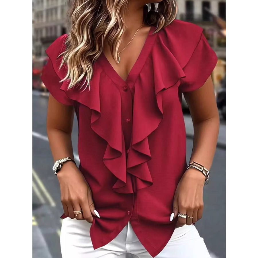 Elegant V-Neck Ruffle Trim Button-Down Shirt Apparel and Accessories