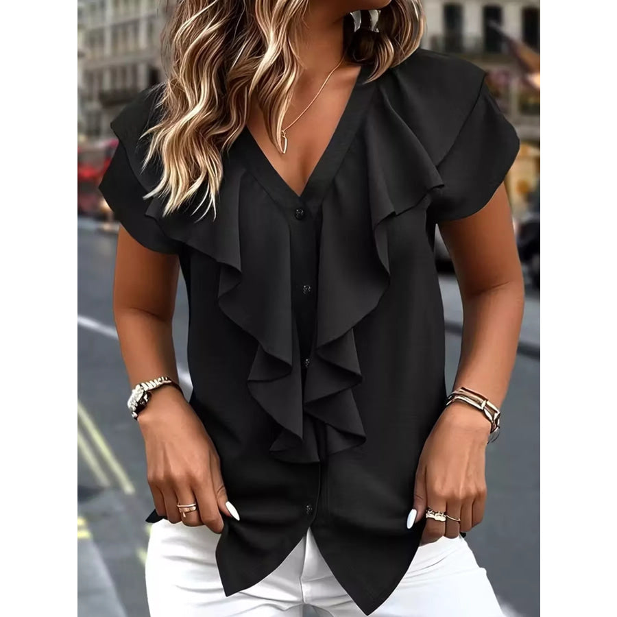 Elegant V-Neck Ruffle Trim Button-Down Shirt Black / S Apparel and Accessories