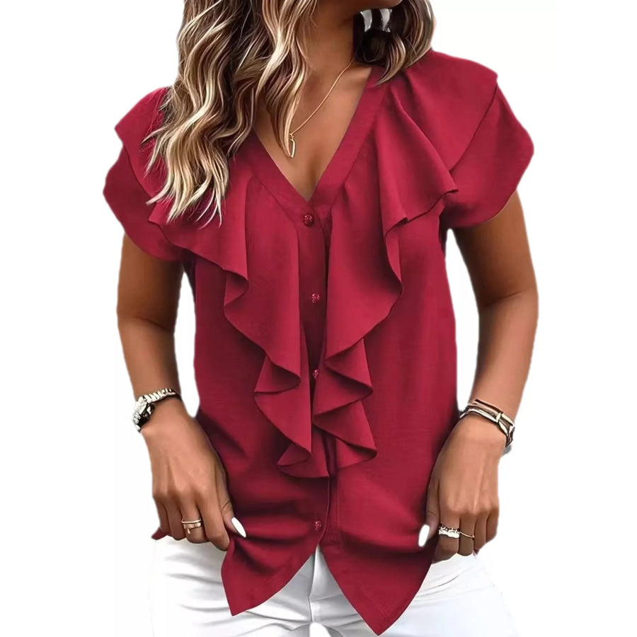 Elegant V-Neck Ruffle Trim Button-Down Shirt Burgundy / S Apparel and Accessories