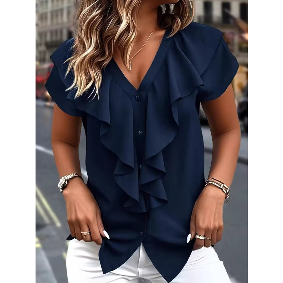 Elegant V-Neck Ruffle Trim Button-Down Shirt Dark Blue / S Apparel and Accessories