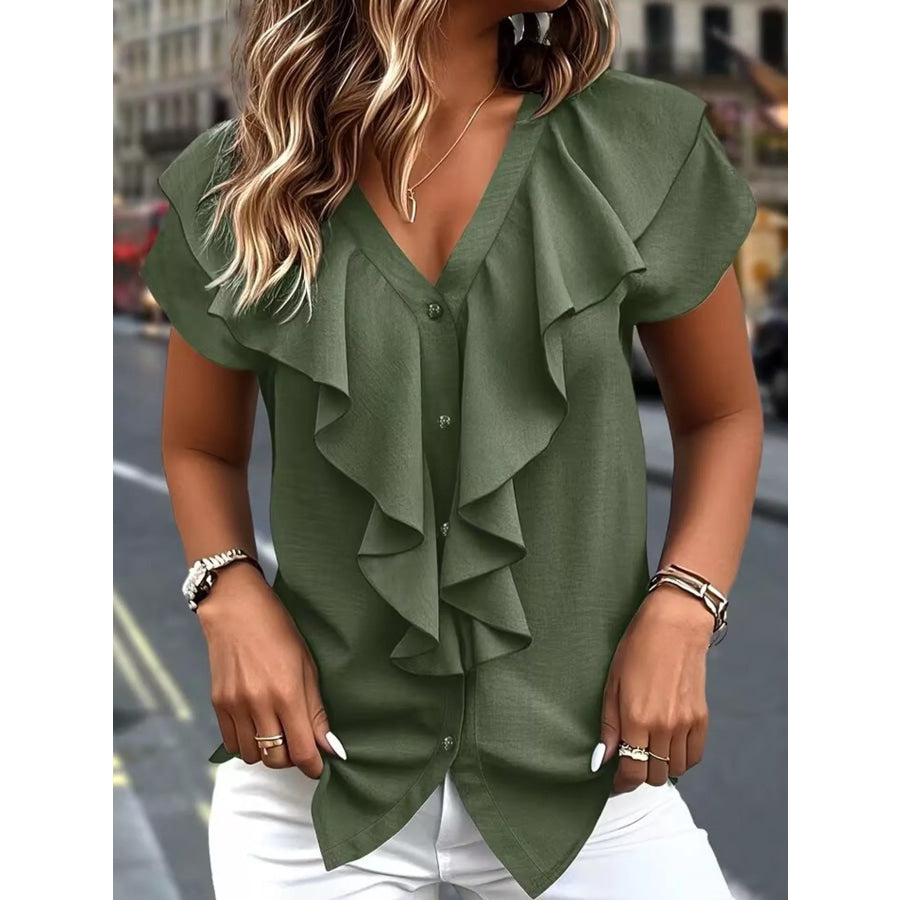 Elegant V-Neck Ruffle Trim Button-Down Shirt Dark Green / S Apparel and Accessories