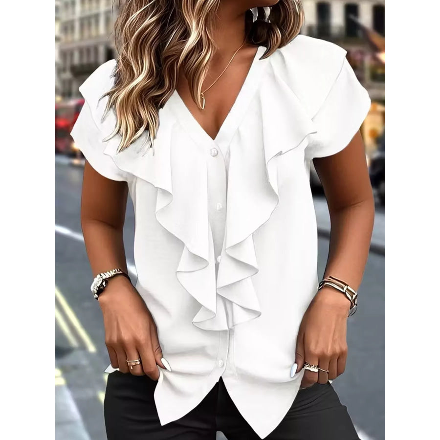 Elegant V-Neck Ruffle Trim Button-Down Shirt White / S Apparel and Accessories