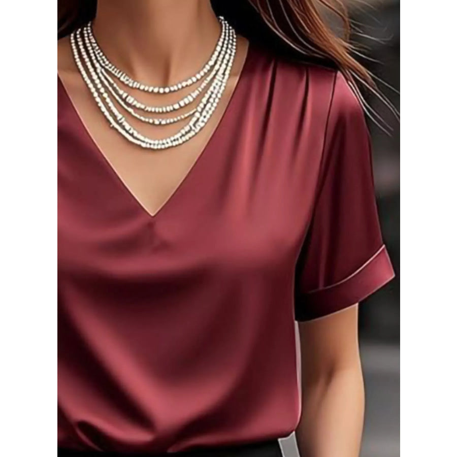 Elegant V-Neck Short Sleeve Ruched Top Apparel and Accessories