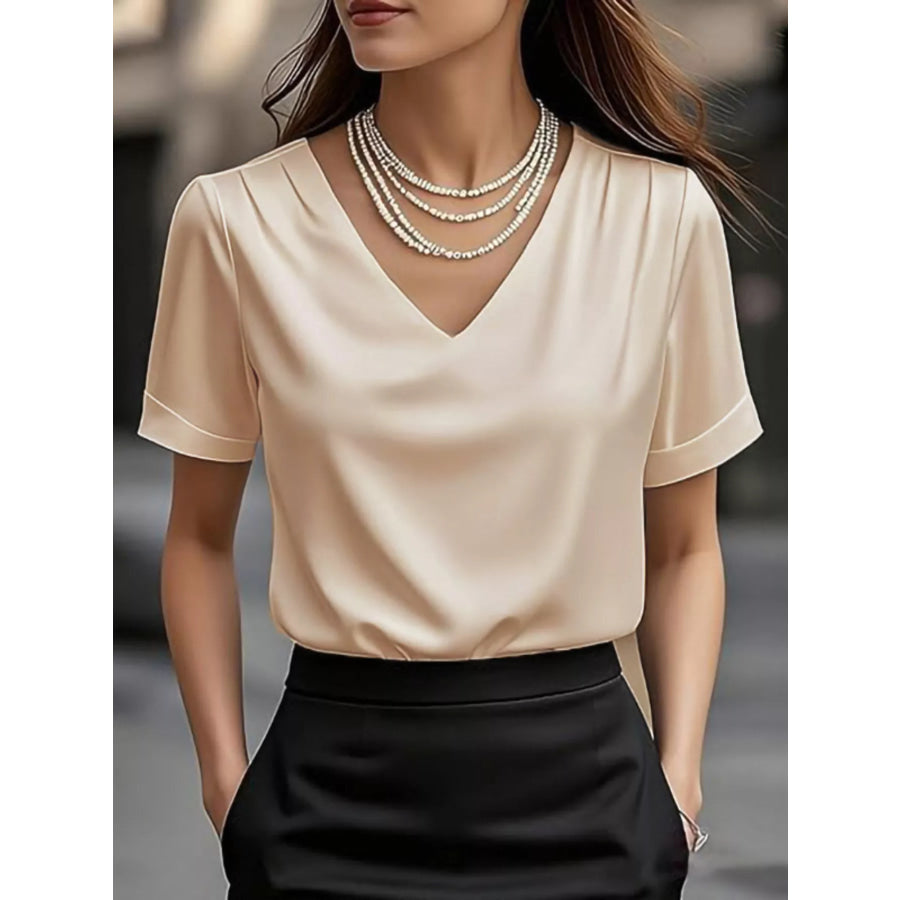 Elegant V-Neck Short Sleeve Ruched Top Beige / S Apparel and Accessories