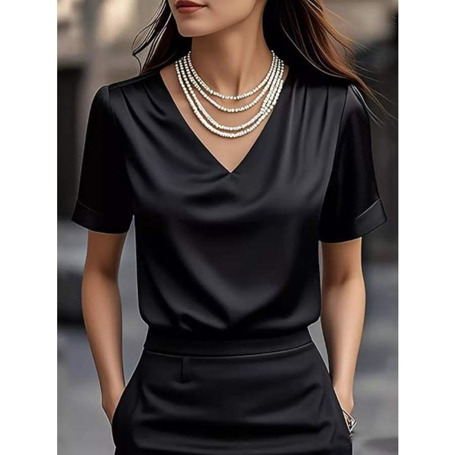 Elegant V-Neck Short Sleeve Ruched Top Black / S Apparel and Accessories