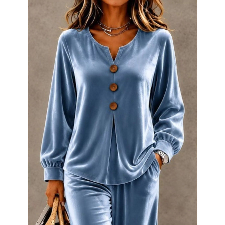 Elegant Velvet Decor-Button Top and Pants Set Apparel and Accessories
