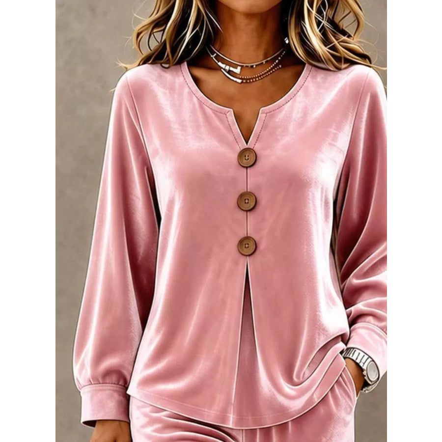 Elegant Velvet Decor-Button Top and Pants Set Apparel and Accessories