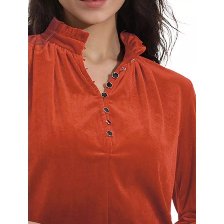 Elegant Velvet Ruffle Neck Blouse Apparel and Accessories