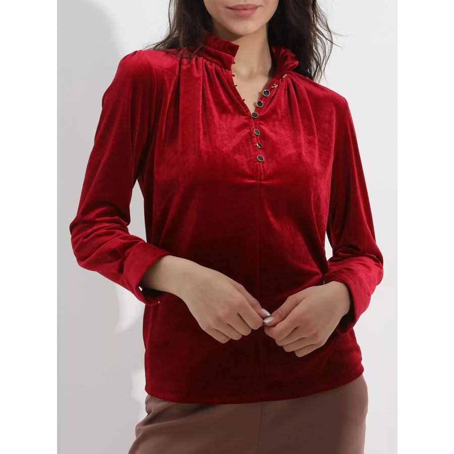 Elegant Velvet Ruffle Neck Blouse Apparel and Accessories