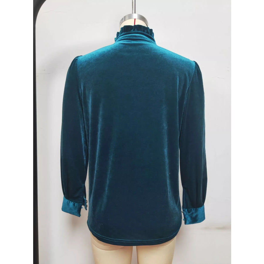 Elegant Velvet Ruffle Neck Blouse Apparel and Accessories