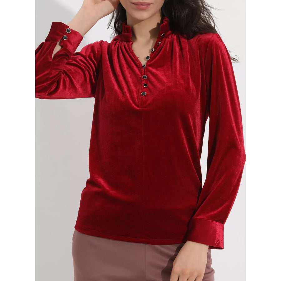 Elegant Velvet Ruffle Neck Blouse Apparel and Accessories