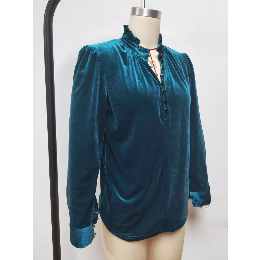 Elegant Velvet Ruffle Neck Blouse Apparel and Accessories