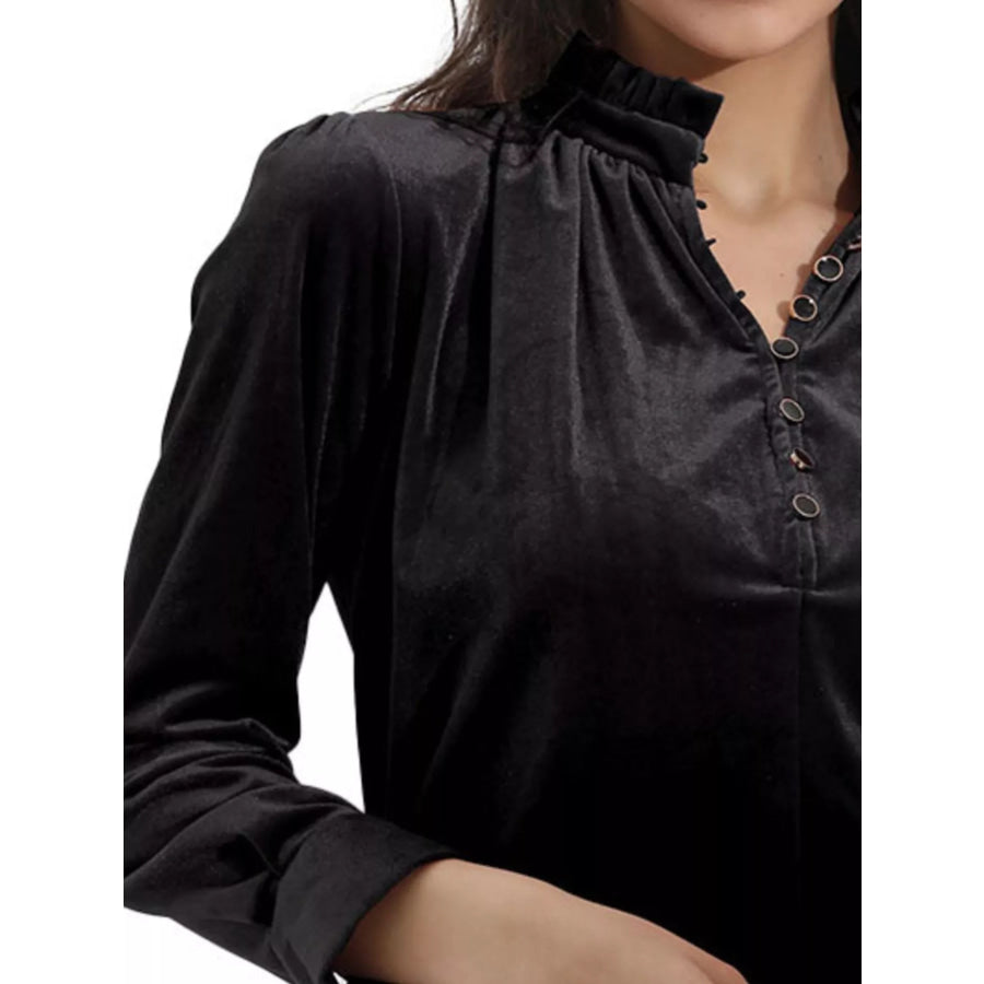 Elegant Velvet Ruffle Neck Blouse Apparel and Accessories