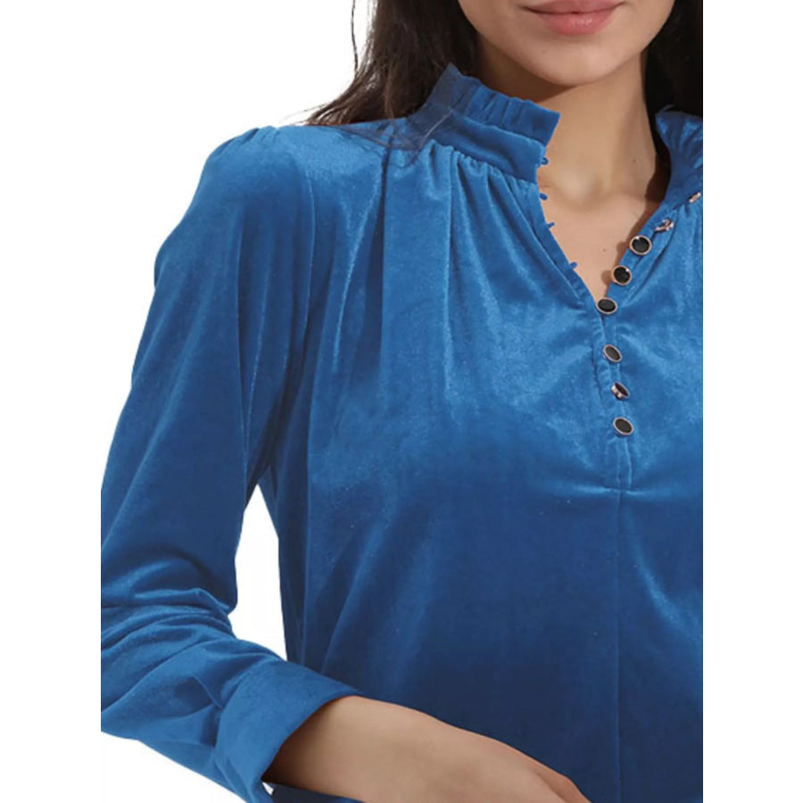 Elegant Velvet Ruffle Neck Blouse Apparel and Accessories