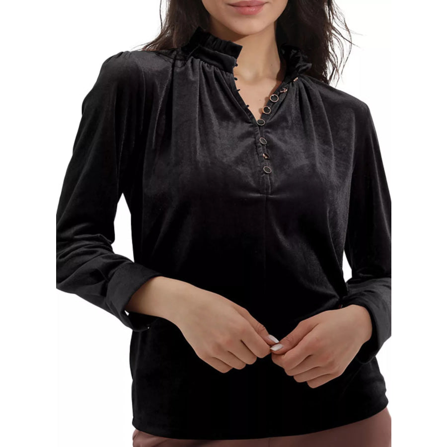 Elegant Velvet Ruffle Neck Blouse Black / S Apparel and Accessories