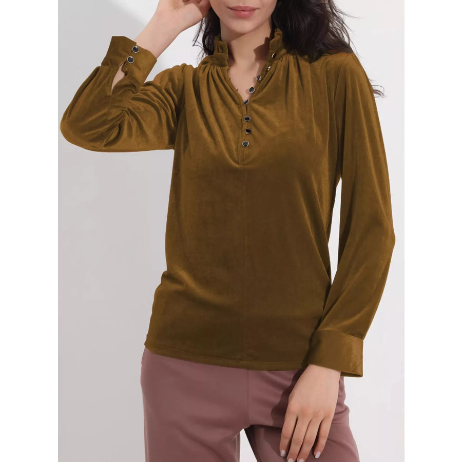 Elegant Velvet Ruffle Neck Blouse Camel / S Apparel and Accessories
