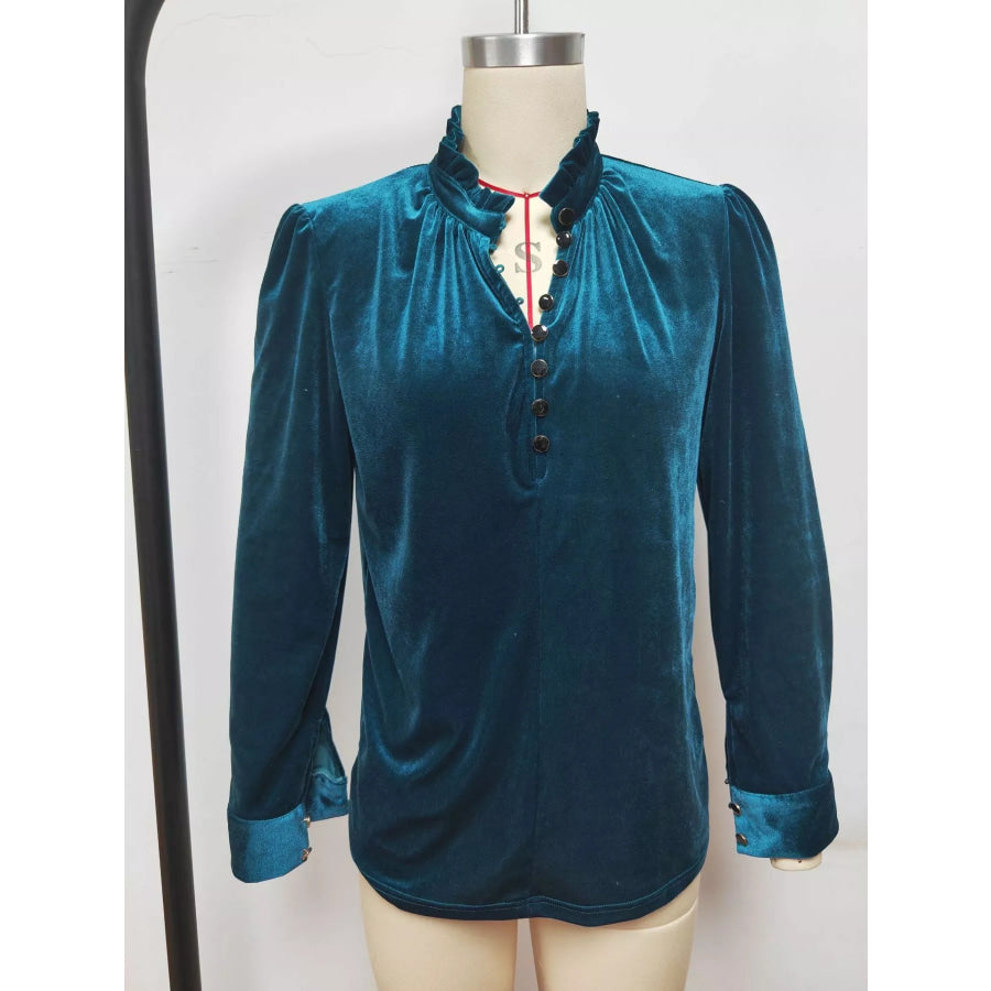 Elegant Velvet Ruffle Neck Blouse Dark Blue / S Apparel and Accessories