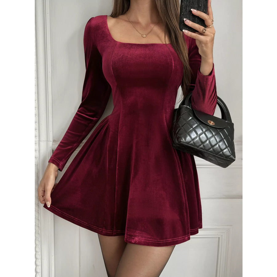 Elegant Velvet Square Neck Long Sleeve Mini Dress Apparel and Accessories