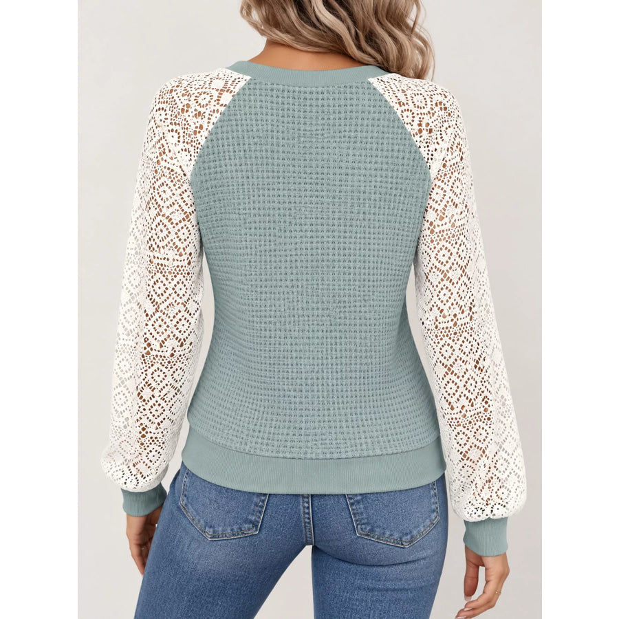 Elegant Waffle Knit T-Shirt with Lace Sleeves Apparel and Accessories