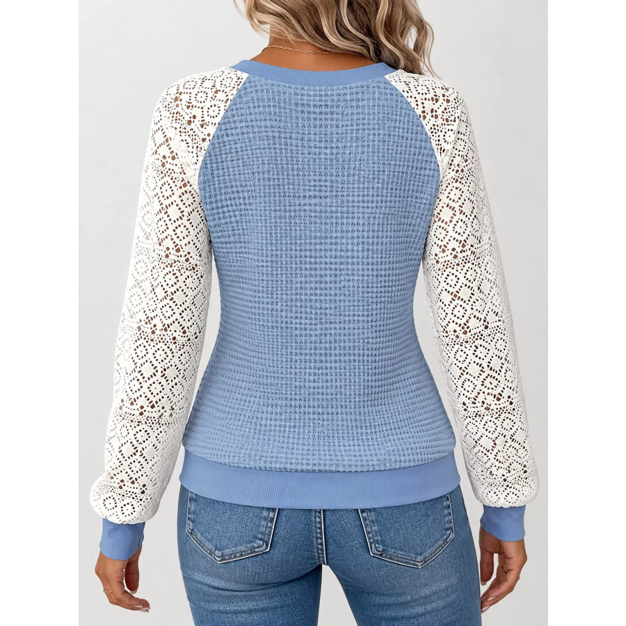 Elegant Waffle Knit T-Shirt with Lace Sleeves Apparel and Accessories