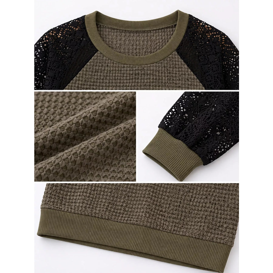 Elegant Waffle Knit T-Shirt with Lace Sleeves Apparel and Accessories