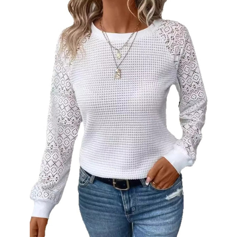 Elegant Waffle Knit T-Shirt with Lace Sleeves Apparel and Accessories