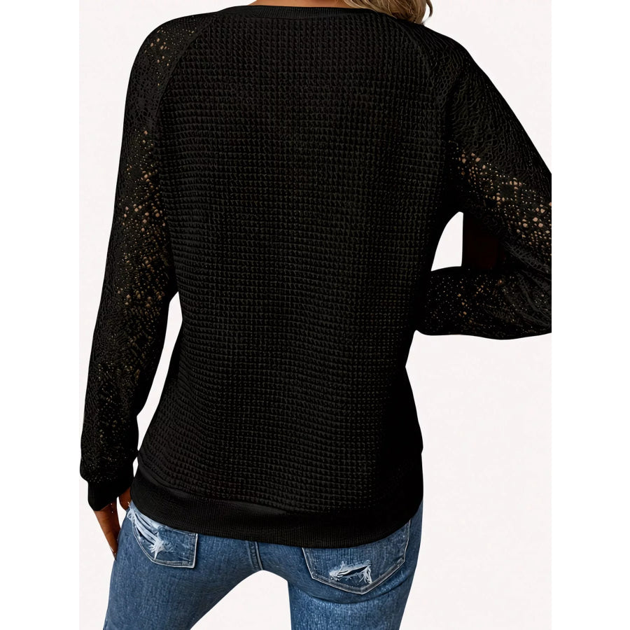 Elegant Waffle Knit T-Shirt with Lace Sleeves Apparel and Accessories