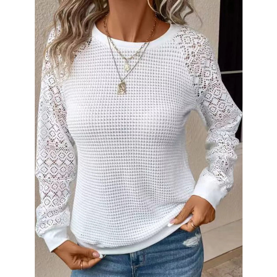 Elegant Waffle Knit T-Shirt with Lace Sleeves Apparel and Accessories