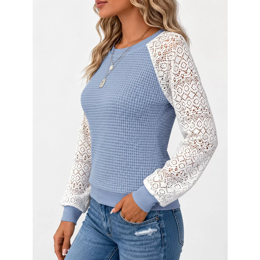 Elegant Waffle Knit T-Shirt with Lace Sleeves Apparel and Accessories