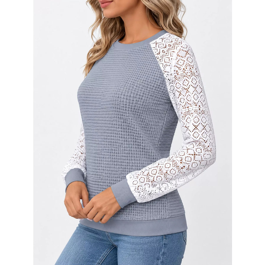 Elegant Waffle Knit T-Shirt with Lace Sleeves Apparel and Accessories