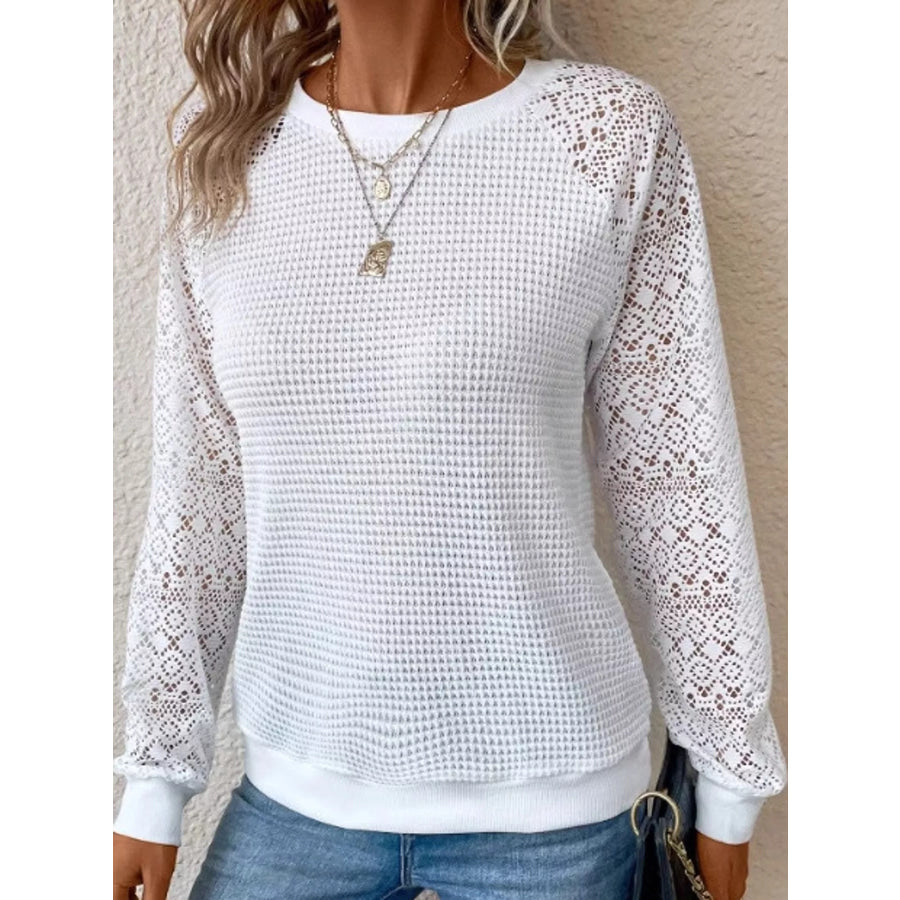 Elegant Waffle Knit T-Shirt with Lace Sleeves Apparel and Accessories
