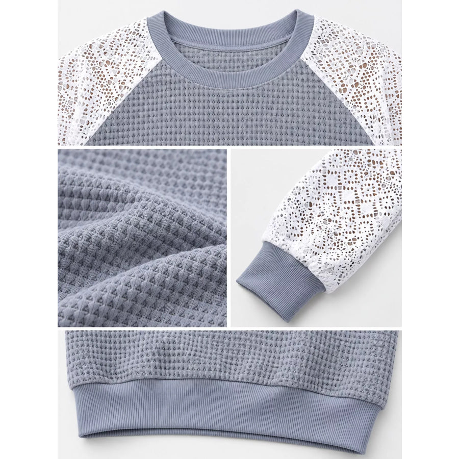 Elegant Waffle Knit T-Shirt with Lace Sleeves Apparel and Accessories