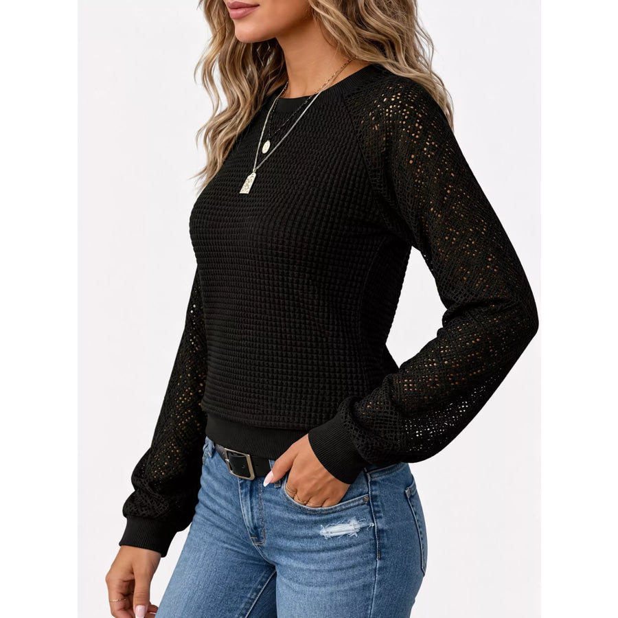 Elegant Waffle Knit T-Shirt with Lace Sleeves Apparel and Accessories