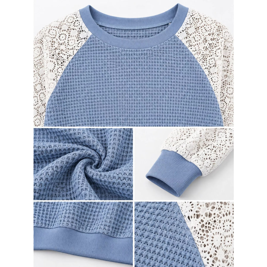 Elegant Waffle Knit T-Shirt with Lace Sleeves Apparel and Accessories