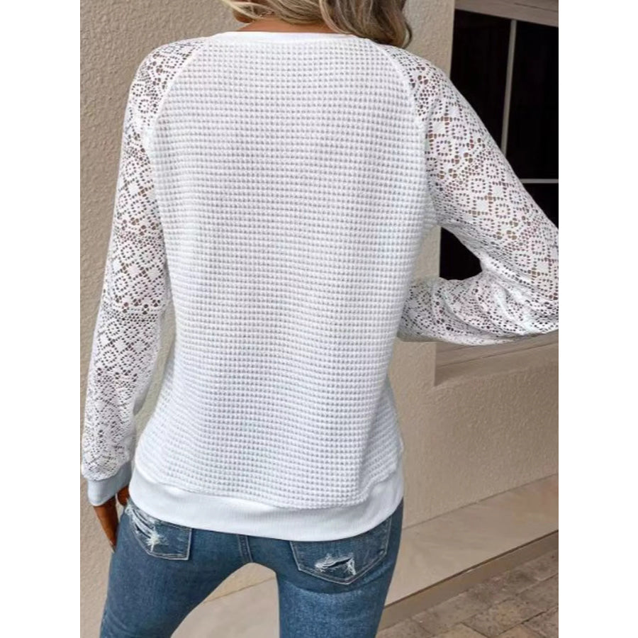 Elegant Waffle Knit T-Shirt with Lace Sleeves Apparel and Accessories