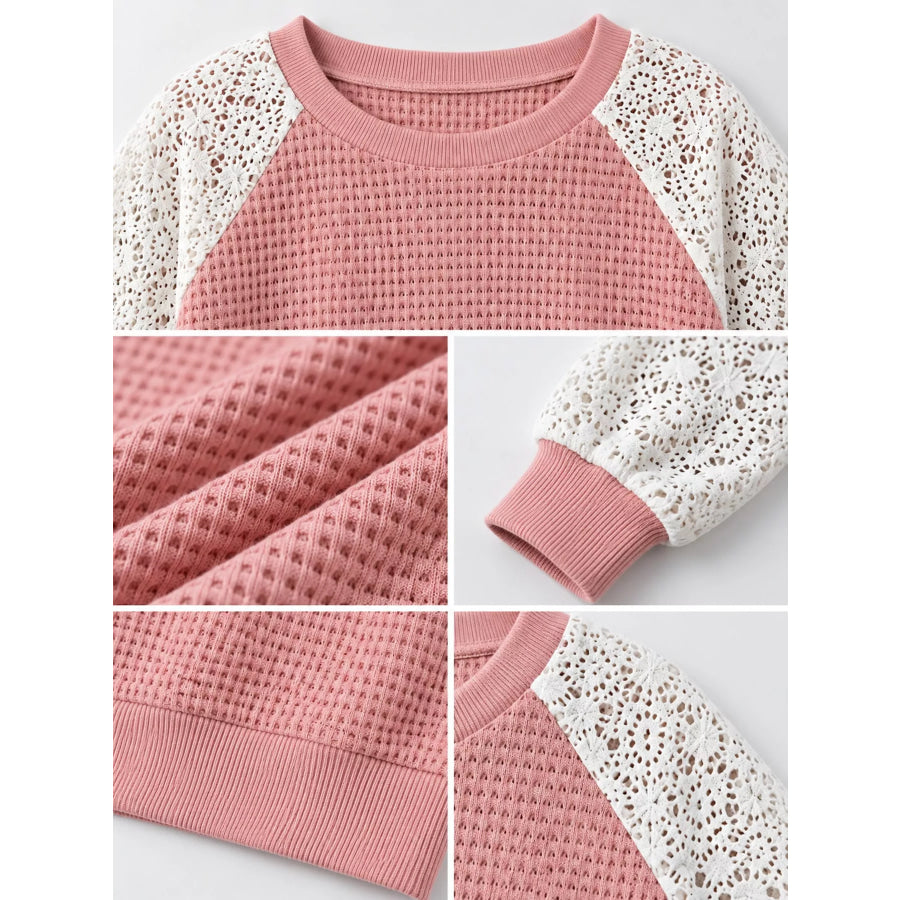 Elegant Waffle Knit T-Shirt with Lace Sleeves Apparel and Accessories
