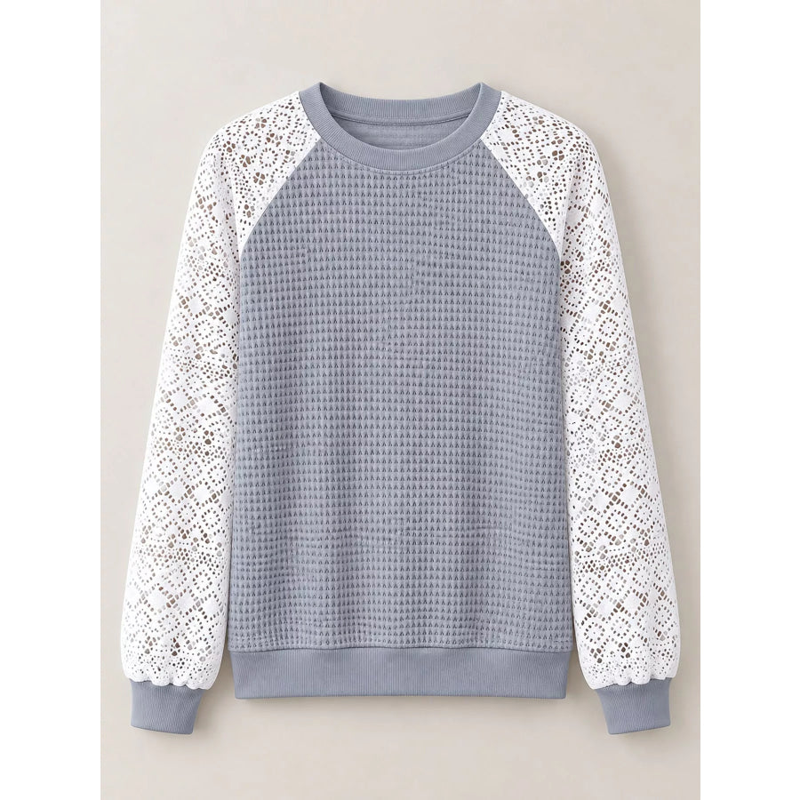 Elegant Waffle Knit T-Shirt with Lace Sleeves Apparel and Accessories