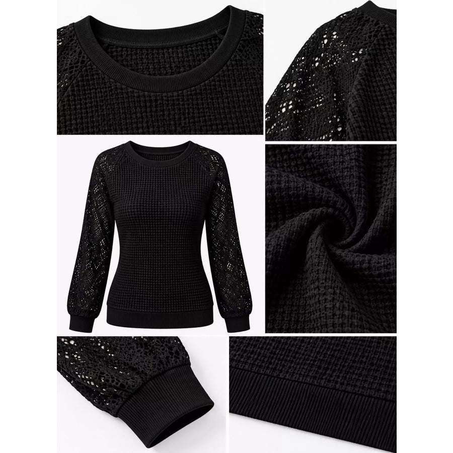 Elegant Waffle Knit T-Shirt with Lace Sleeves Apparel and Accessories